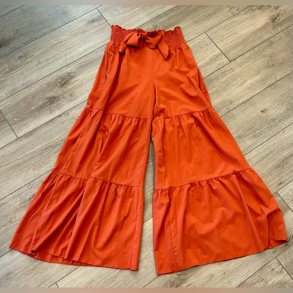 Palazzo pants Womens Orange Wide-Leg Tiered Pants elastic waist bow size XS